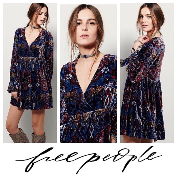 Navy Floral Velvet Boho Dress 